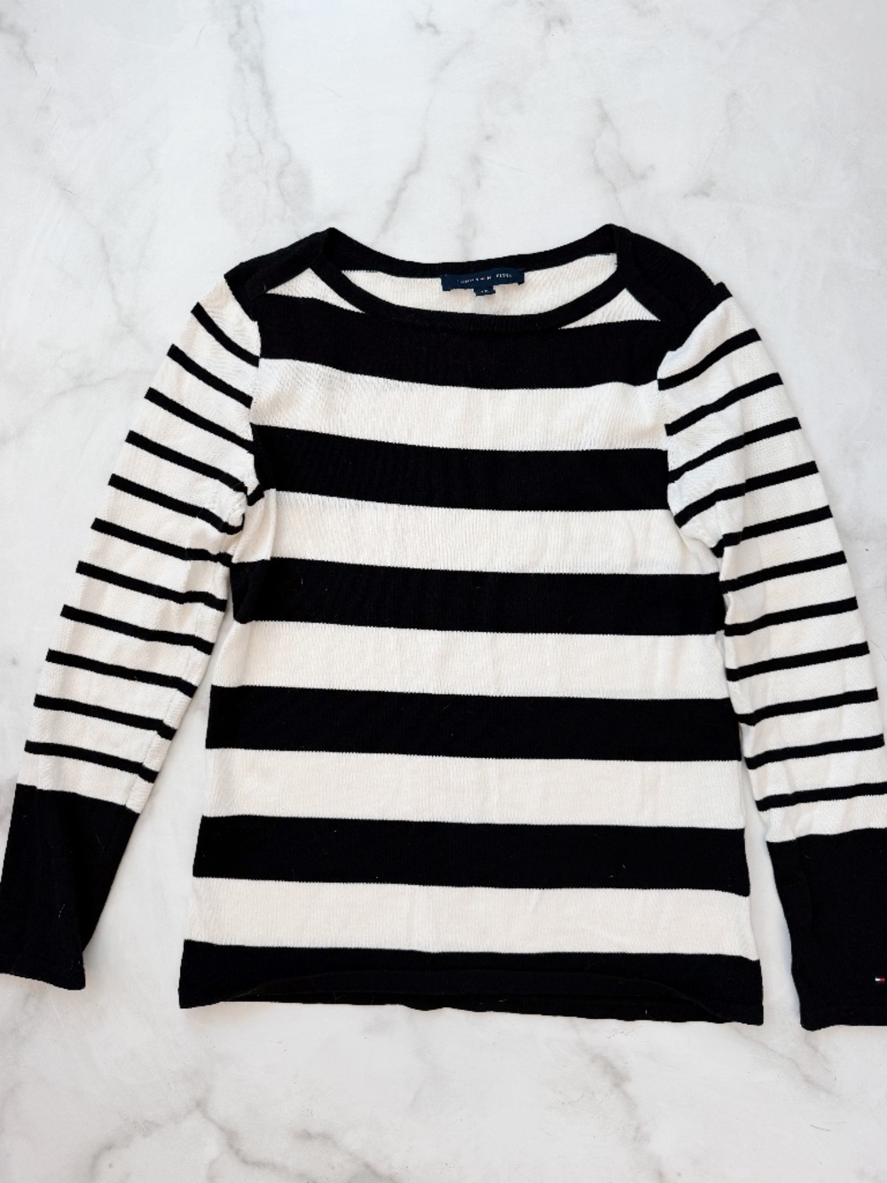 Tommy Hilfiger Black and White Striped Crew New Sweater - Size Small